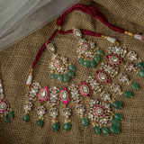 Gold Plated Multicolored Womens Kundan Polki Necklace Set with Pair of Earrings & Maangtikka