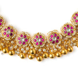 Gold Plated Pink Womens Synthetic Stone Necklace Set with Pair of Earrings