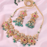 Saadgi Gold Plated Green Womens Choker Necklace Set with Pair of Earrings