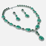 Silver Plated Green Womens Synthetic Stone Short Necklace Set with Pair of Earrings