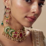 Morpankh Gold Plated Multicolored Womens Kundan, Polki Choker Necklace Set with Pair of Earrings (Freesize)