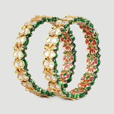 Gold Finish Kundan Polki Meenakari Bangles, Set of 2