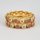 Gold Finish Kundan Polki Kada Bangle, Set of 2