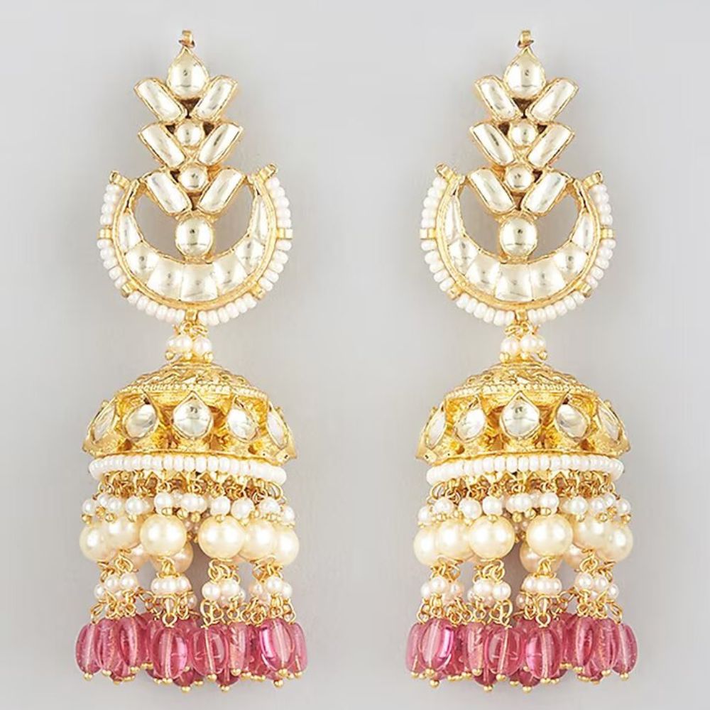 Gold Finish Pink Drop Jhumka Earrings
