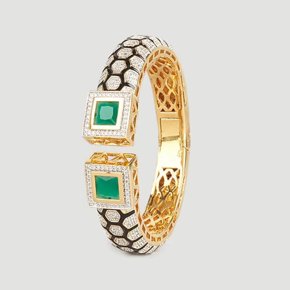 Gold Finish Zircons Enameled and Green Onyxs Bangle