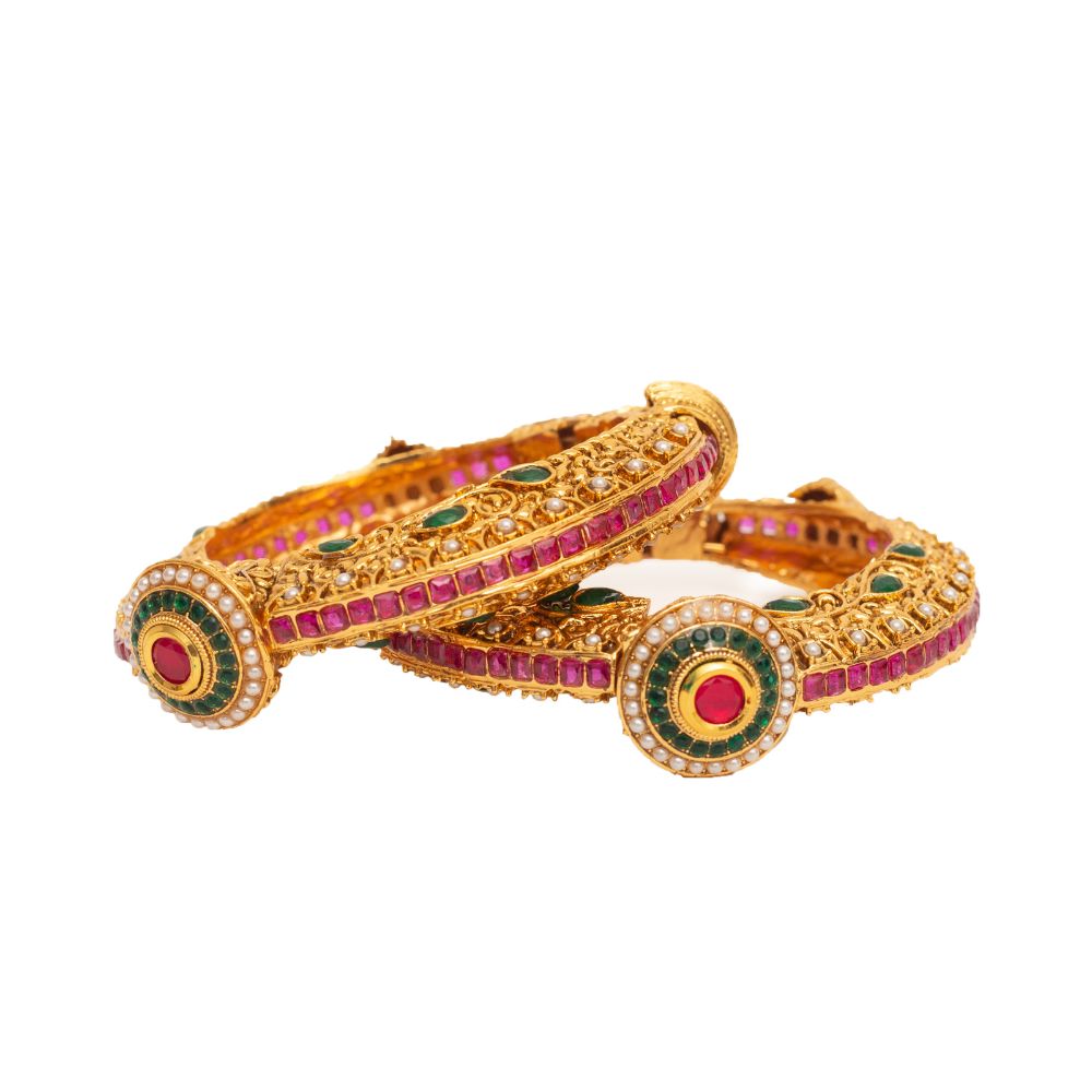 Gold Finish Multi Stones Kadaa Bangles, Set of 2