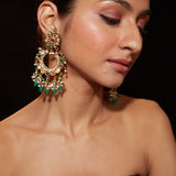 Gold Plated Multi Colour Stone With Drop Beads Chaandbali Earrings