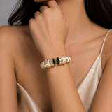 White Enamel Green Stone Open Cuff Statement Bangle