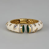 White Enamel Green Stone Open Cuff Statement Bangle
