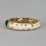 White Enamel Green Stone Open Cuff Statement Bangle