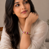 Gold-Plated Pink Stone Open Cuff Kada Bracelet