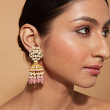 Gold Plated Kundan Studded With Pink Bead Drop Jhumka Earrings