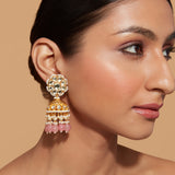 Gold Plated Kundan Studded With Pink Bead Drop Jhumka Earrings