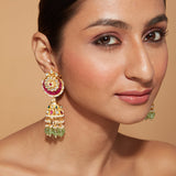 Gold Plated Kundan Studded With Pink Synthetic Stone Green Beads Drop Jhumka Earrings