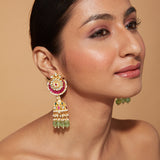 Gold Plated Kundan Studded With Pink Synthetic Stone Green Beads Drop Jhumka Earrings