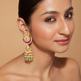 Gold Plated Kundan Studded With Pink Synthetic Stone Green Beads Drop Jhumka Earrings