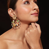 Gold Plated Multi Colour Stone With Drop Beads Chaandbali Earrings