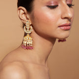 Gold Plated Kundan Polki Studded With Pink Beads Jhumka Earrings