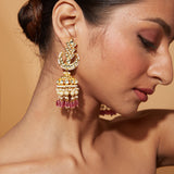 Gold Plated Kundan Polki Studded With Pink Beads Jhumka Earrings