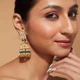 Gold Plated Kundan Studded With Beads Drop Jhumka Earrings