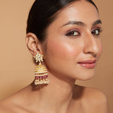 Gold Plated Kundan Polki Studded With Pink Beads Jhumka Earrings