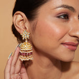 Gold Plated Kundan Polki Studded With Pink Beads Jhumka Earrings