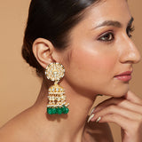 Gold Plated Kundan Studded With Green Beads Drop Jhumka Earrings