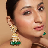 Gold Plated Kundan Studded With Green Beads Drop Jhumka Earrings