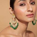 Gold Plated Kundan With Green Bead Drop Chaandbali Earrings