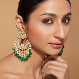 Gold Plated Kundan With Green Bead Drop Chaandbali Earrings