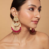 Gold Plated Kundan Studded Red Bead Drop Chaandbali Earrings