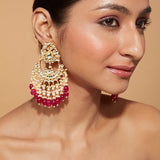 Gold Plated Kundan Studded Red Bead Drop Chaandbali Earrings