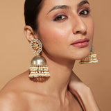 Rhodium Plated Kundan Studded With Pearl Drop Jhumka Earrings