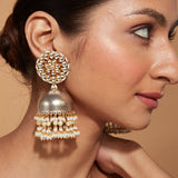 Rhodium Plated Kundan Studded With Pearl Drop Jhumka Earrings