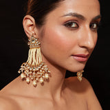 Gold Plated Kundan With Pearl Strand Dangle Earrings