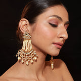 Gold Plated Kundan With Pearl Strand Dangle Earrings