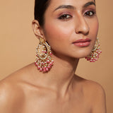 Gold Plated Kundan Studded Pink Bead Drop Chaandbali Earrings