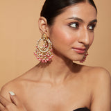 Gold Plated Kundan Studded Pink Bead Drop Chaandbali Earrings