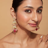 Gold Plated Kundan Studded Pink Drop Lotus Shape Dangle Earrings