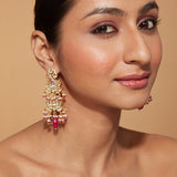 Gold Plated Kundan Studded Pink Drop Lotus Shape Dangle Earrings