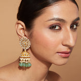 Gold Plated Kundan Studded With Green Bead Drop Jhumka Earrings