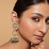 Gold Plated Kundan Studded With Green Bead Drop Jhumka Earrings