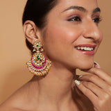 Gold Plated Kundan With Pink Onyx Chaandbali Dangle Earrings