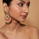 Gold Plated Kundan With Pink Onyx Chaandbali Dangle Earrings