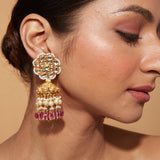 Gold Plated Kundan Polki Studded Pink Bead Drop Jhumka Earrings