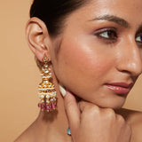 Gold Plated Kundan Studded Beads Drop Jhumka Earrings