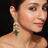 Gold Plated Kundan With Green Bead Drop Dangle Earrings