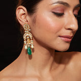 Gold Plated Kundan With Green Bead Drop Dangle Earrings