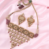 Saadgi Gold Plated Pink Womens Choker Necklace Set with Pair of Earrings