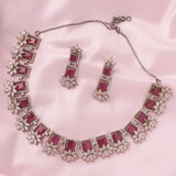 Florence Silver Plated Pink Womens Short Necklace Set with Pair of Earrings